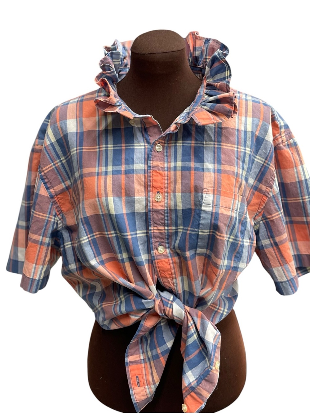 Ruffled Collar Tie-Front Plaid Shirt - Blue & Coral